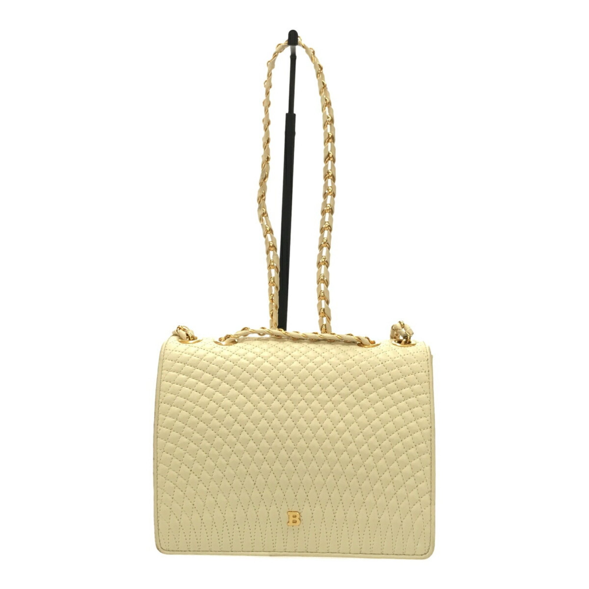 Bally Barry Chain Shoulder Bag Quilted Leather White Gold Hardware Ladies